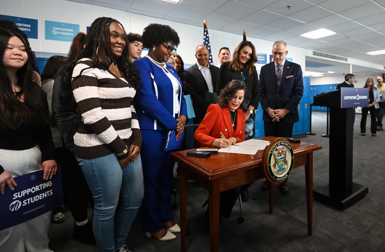 Gov. Whitmer signs Tisdel's classroom phone law, February 2026.